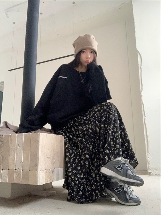 A-Line Skirt Midi - Artı Boyutu kadın Yüksek Bel Çiçek