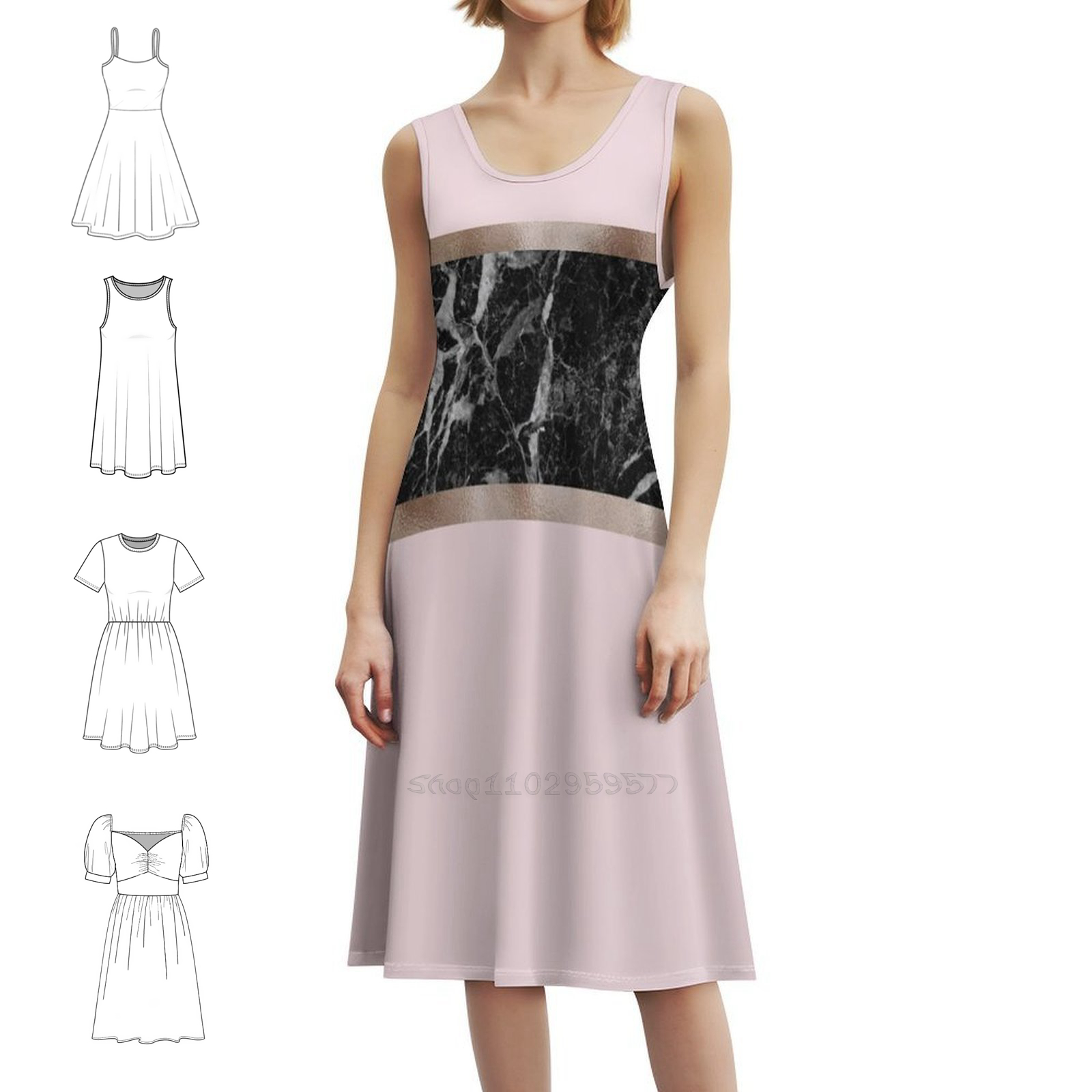 Women Fashion Gown - Çilek ve Krem-Siyah Mermer ve Gül