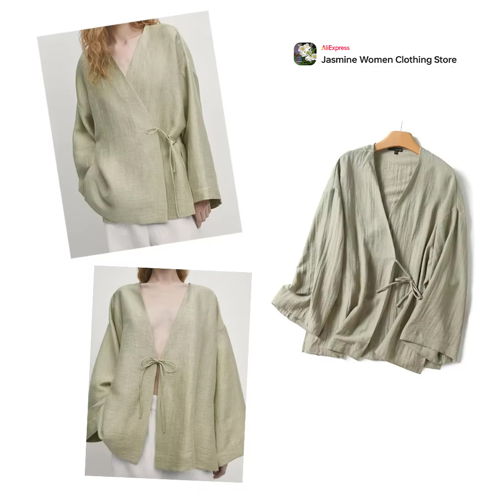 Kimono Cardigan Women - Bağcıklı Rahat Zeytin Bluz Uzun Damla