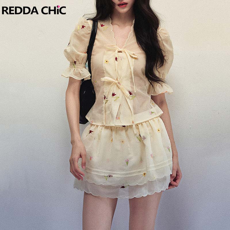 Puff Sleeve Blouse - REDDACHiC Çiçek Nakışlı Şifon Üst Etek
