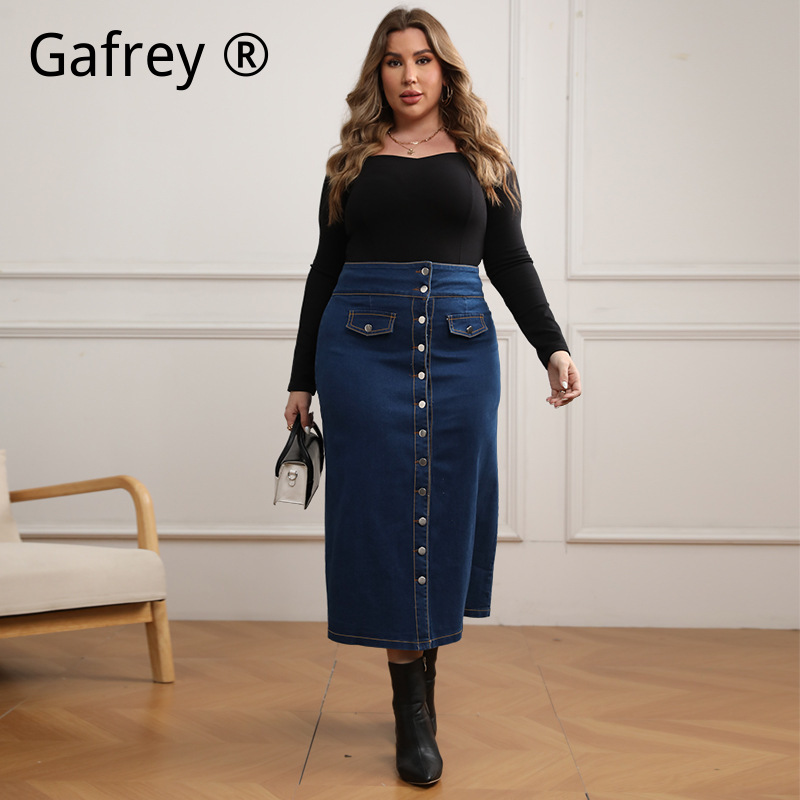 A-Line Skirt Midi - Büyük Beden Yüksek Bel Düğmeli Kot