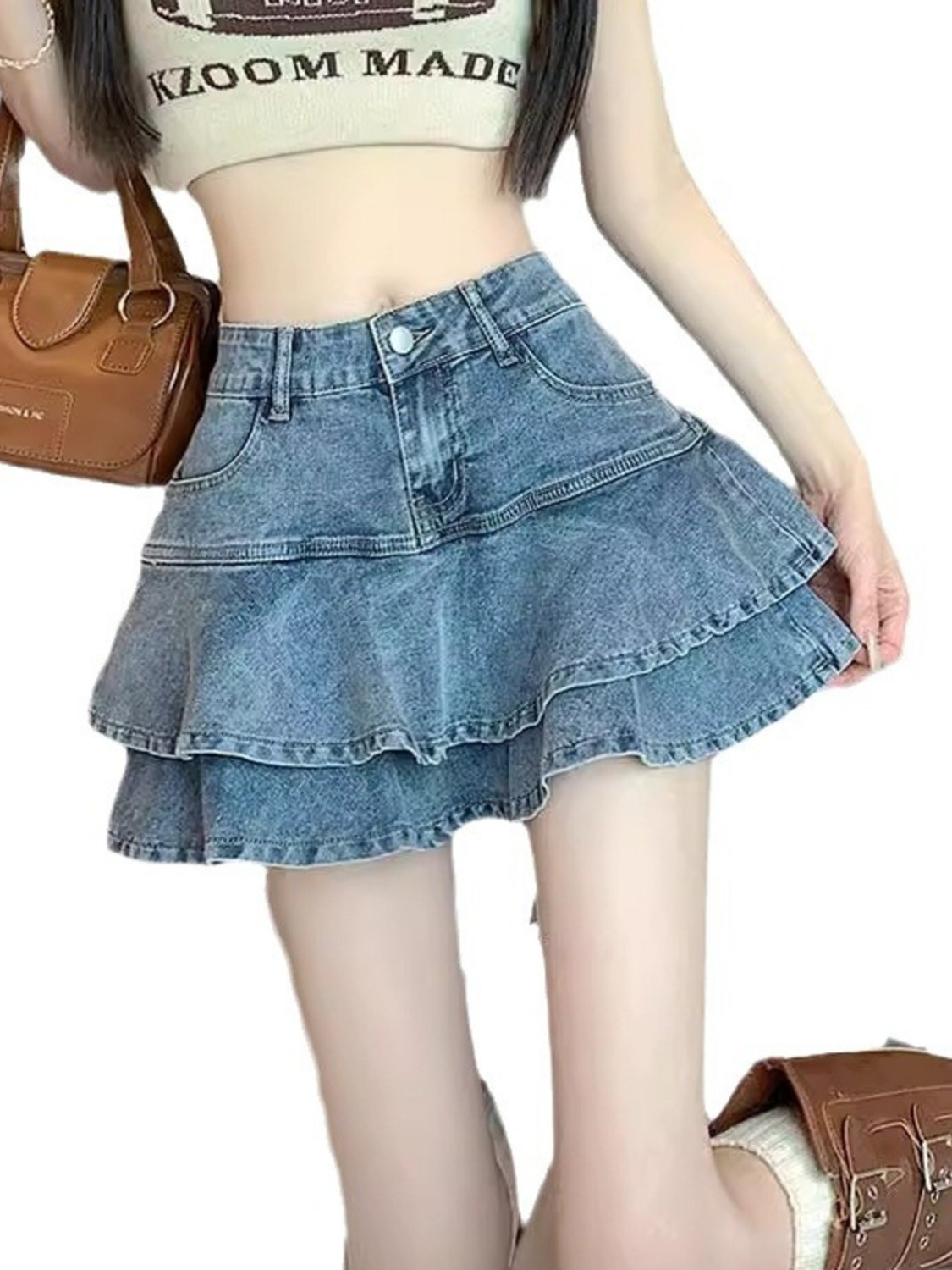 Denim Shorts Women - Kadın Vintage Yıkanmış Kot Katmanlı Fırfırlı