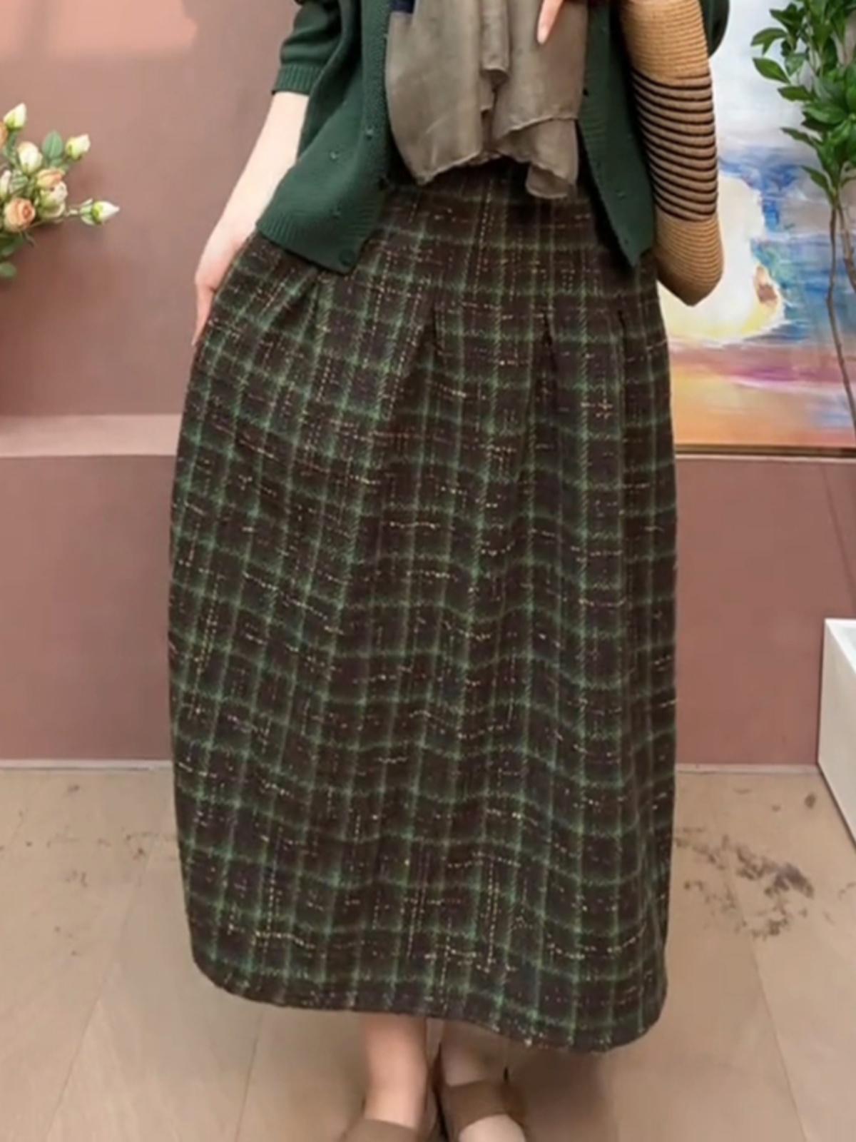 A-Line Skirt Midi - Retro Kalınlaştırılmış Yünlü A-Line Etek Kadın