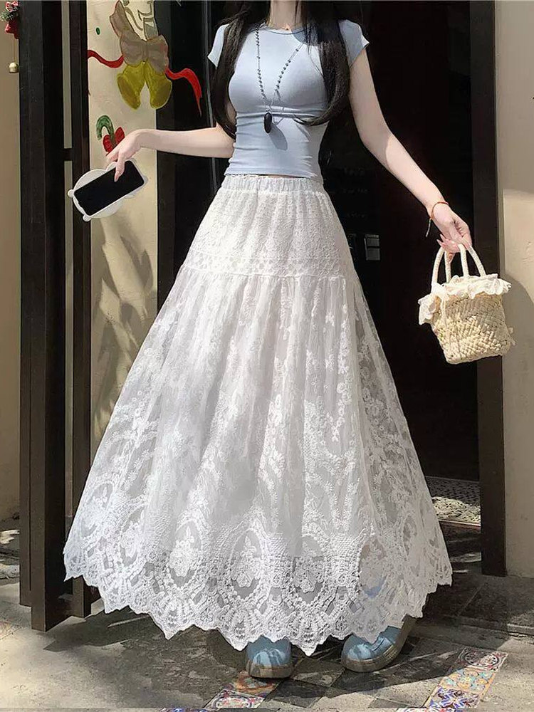A-Line Skirt Midi - Artı Boyutu Kadın Yüksek Bel Dantel