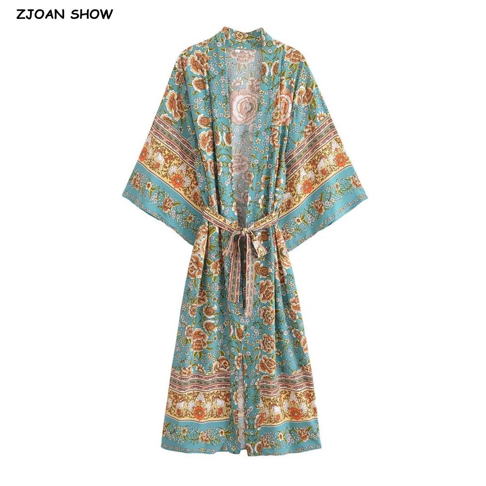 Kimono Cardigan Women - Tatil Kadın Yeşil Çiçek Baskılı Kimono
