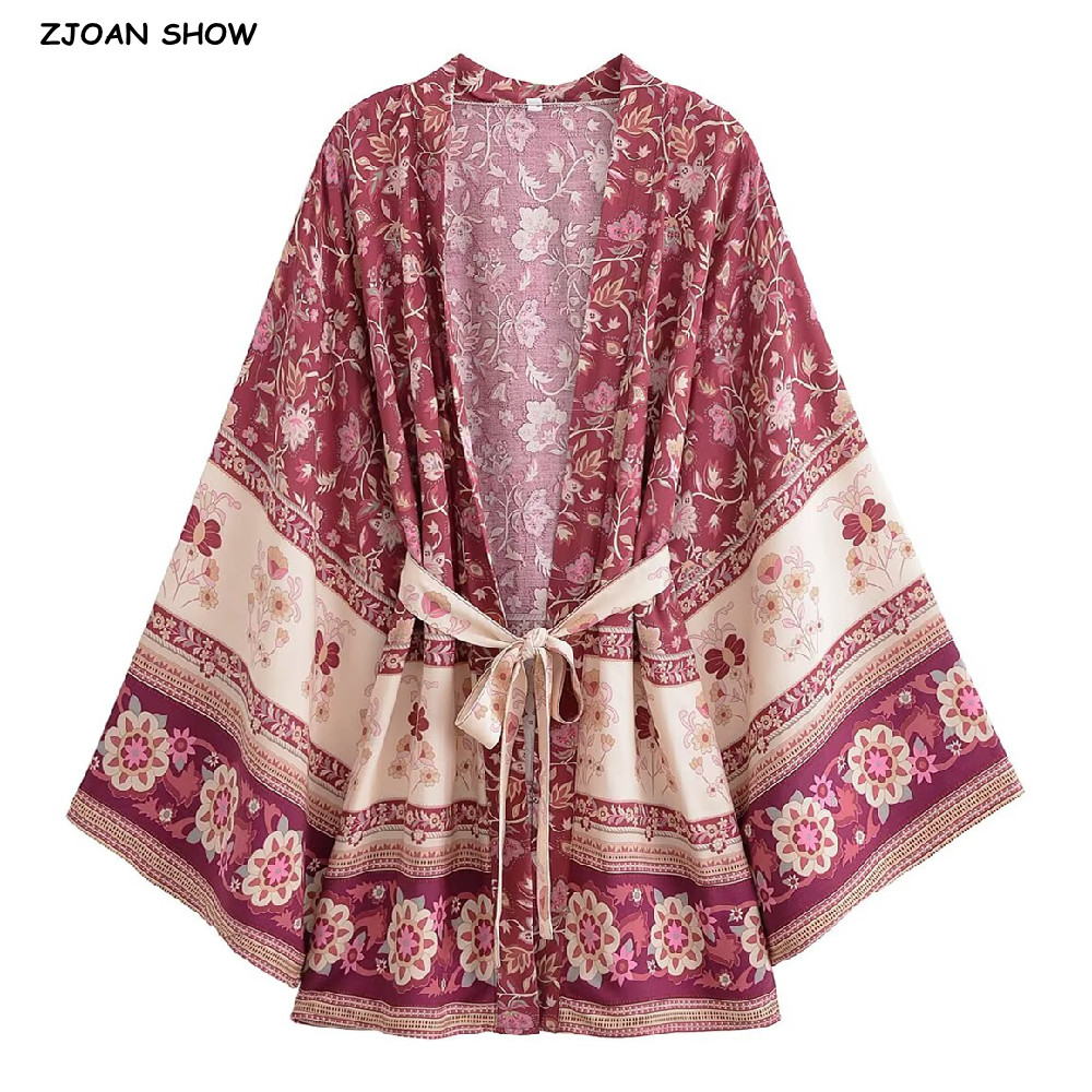 Kimono Cardigan Women - 2022 BOHO Kadın Kontrast Çiçek Baskı