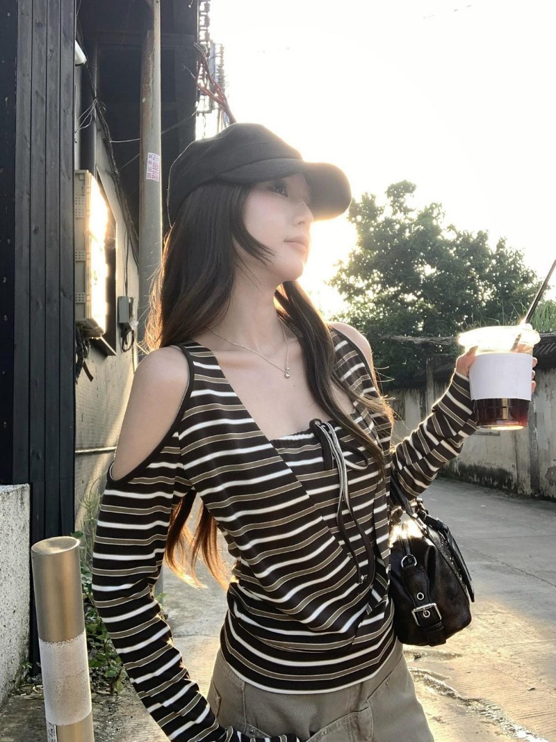 Kimotimo Kadın Çizgili Uzun Ko - Off Shoulder Top incelemesi ve fiyatı